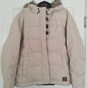 Womens Size XL Sorel Puffler Quilted Fur Hood Jacket Beige Zip Down Filled